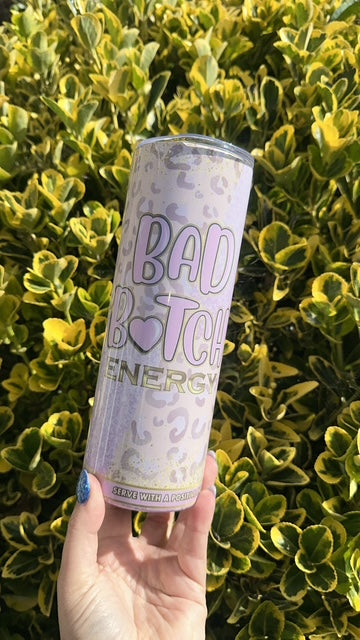 Energy drink can with 'Bad Bitch', tumbler/ thermal cup for hot or cold drinks, leopard print in pink and bad bitch energy in bubble writing