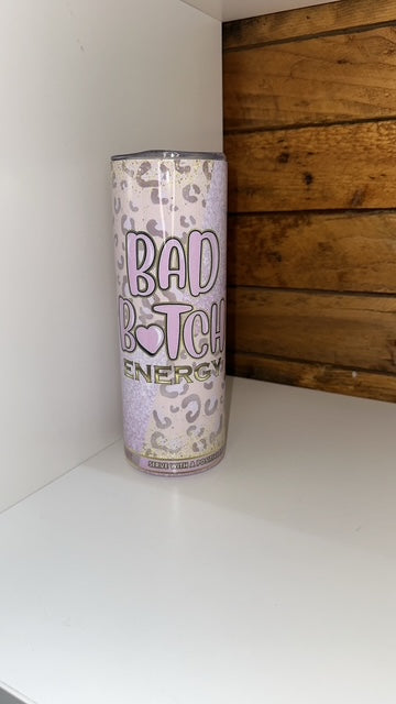 Energy drink can with 'Bad Bitch', tumbler/ thermal cup for hot or cold drinks, leopard print in pink and bad bitch energy in bubble writing