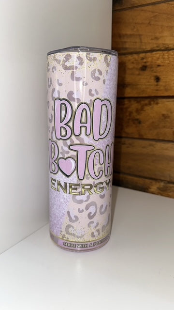 Energy drink can with 'Bad Bitch', tumbler/ thermal cup for hot or cold drinks, leopard print in pink and bad bitch energy in bubble writing