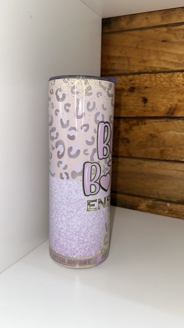 Energy drink can with 'Bad Bitch', tumbler/ thermal cup for hot or cold drinks, leopard print in pink and bad bitch energy in bubble writing