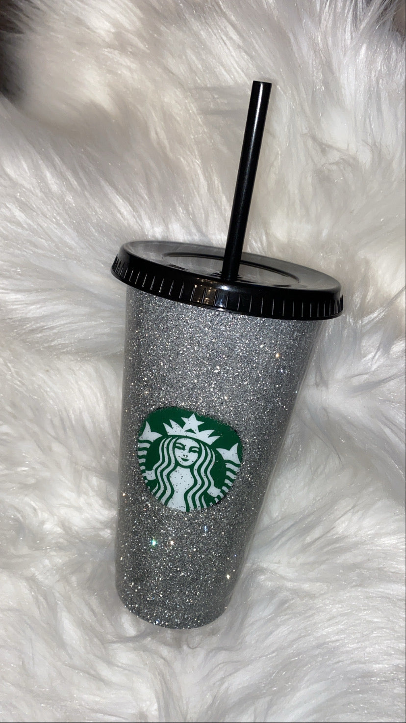 ✨ Silver Glitter Reusable Black Starbucks-Style Cup ✨