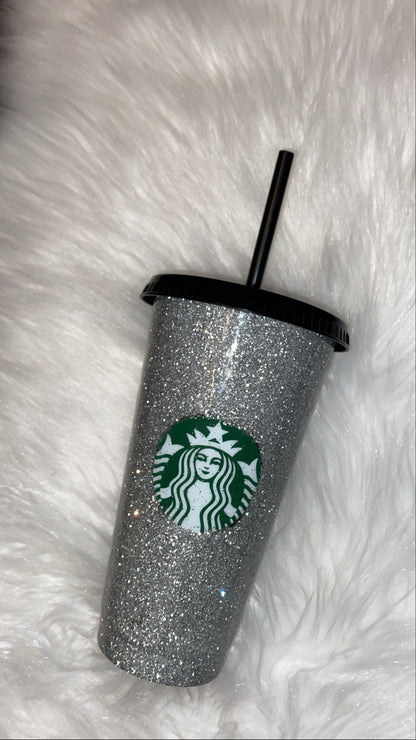 ✨ Silver Glitter Reusable Black Starbucks-Style Cup ✨