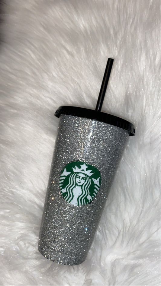 ✨ Silver Glitter Reusable Black Starbucks-Style Cup ✨