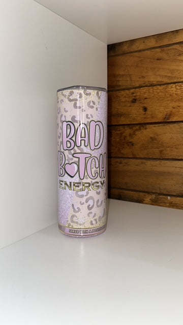 Energy drink can with 'Bad Bitch', tumbler/ thermal cup for hot or cold drinks, leopard print in pink and bad bitch energy in bubble writing  