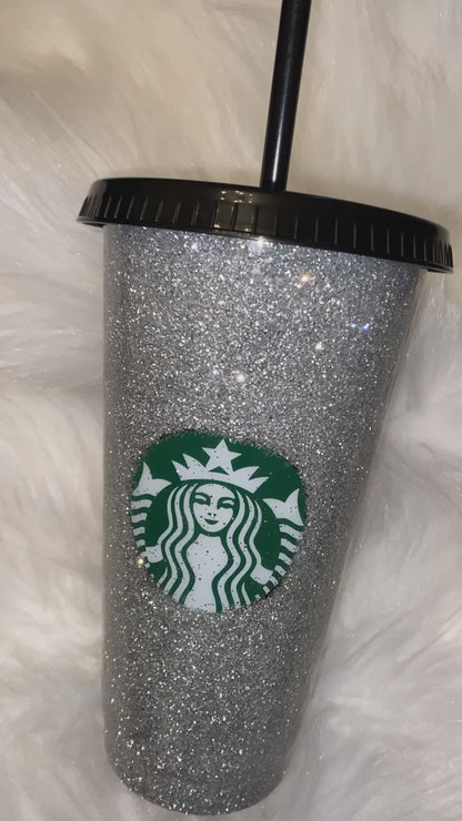 ✨ Silver Glitter Reusable Black Starbucks-Style Cup ✨