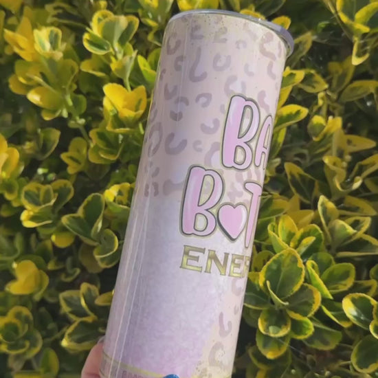 Energy drink can with 'Bad Bitch', tumbler/ thermal cup for hot or cold drinks, leopard print in pink and bad bitch energy in bubble writing  