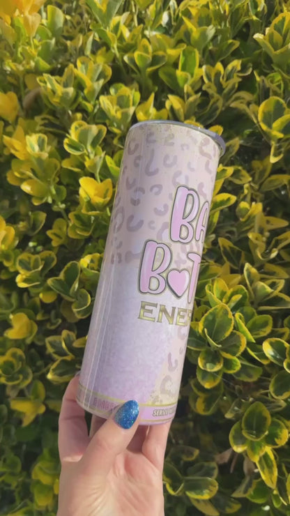 Energy drink can with 'Bad Bitch', tumbler/ thermal cup for hot or cold drinks, leopard print in pink and bad bitch energy in bubble writing  